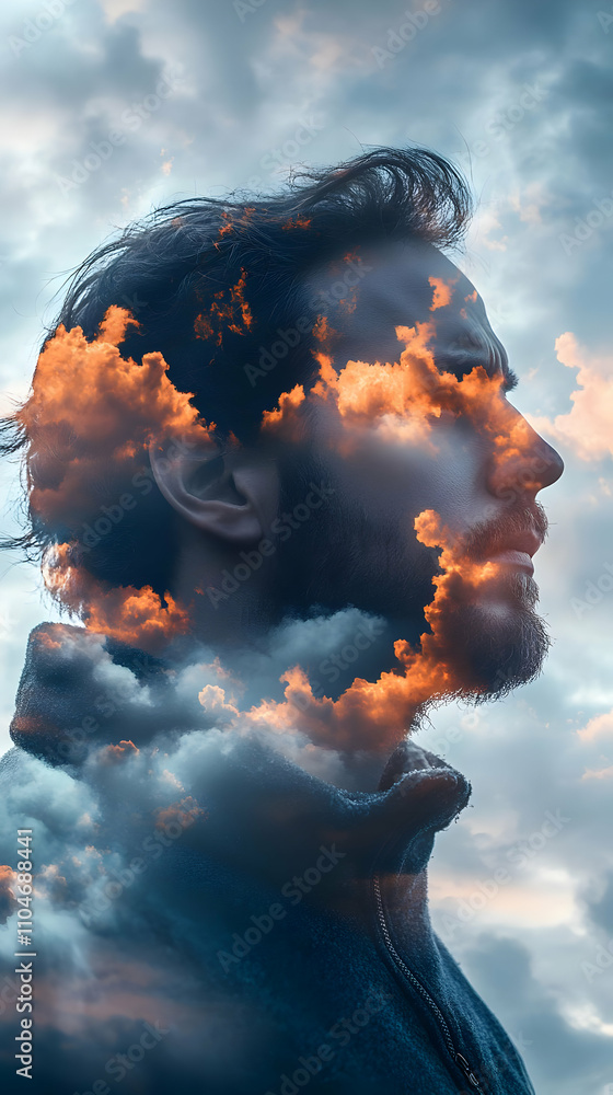 Poster a silhouette of a man with clouds and orange hues blending into his profile.