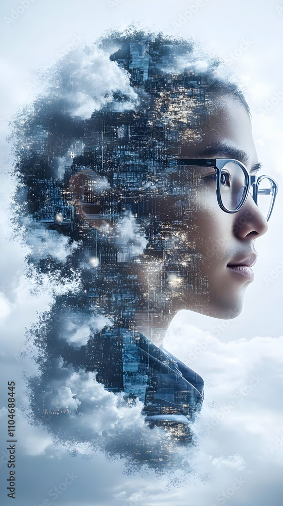 Poster a creative portrait blending a person's profile with clouds and a cityscape.