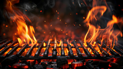 Close-Up of Flaming Grill with Orange Flames and Black Metal Grate