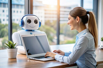 Happy businesswoman collaborating with a friendly robot using a laptop in a modern office.