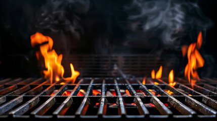 Close-Up of Flaming Grill with Orange Flames and Black Metal Grate