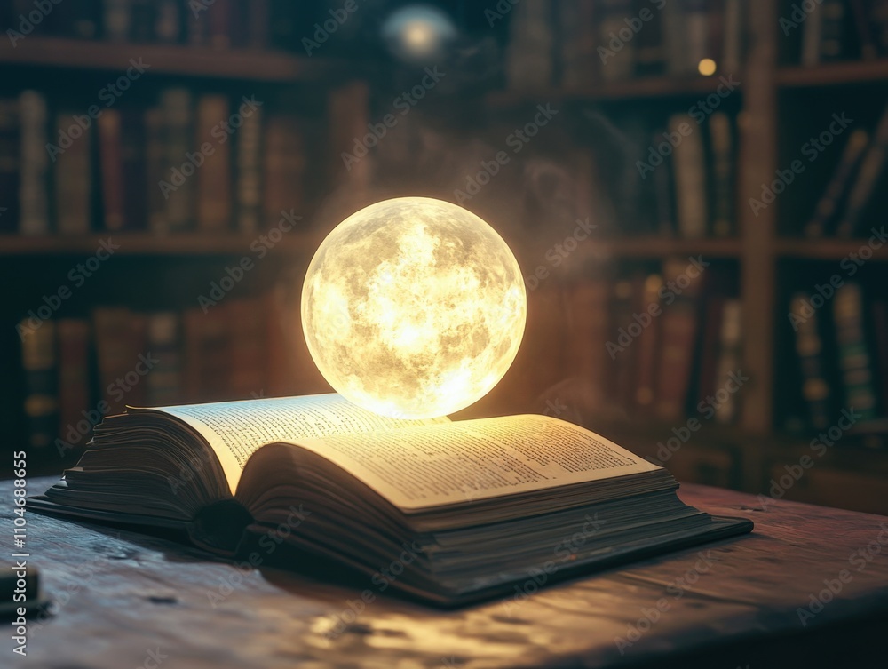 Poster a glowing moon emerging from an open book in a cozy library setting