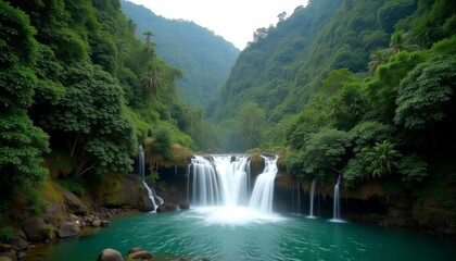 Waterfall cascading into serene blue lake