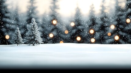 A Serene Winter Landscape Blanketed in Snow and Gentle Falling Flakes Creating a Magical Atmosphere. Scenic Beauty of Nature Concept