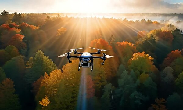 Drone Flying Above a Forest with Sunbeams