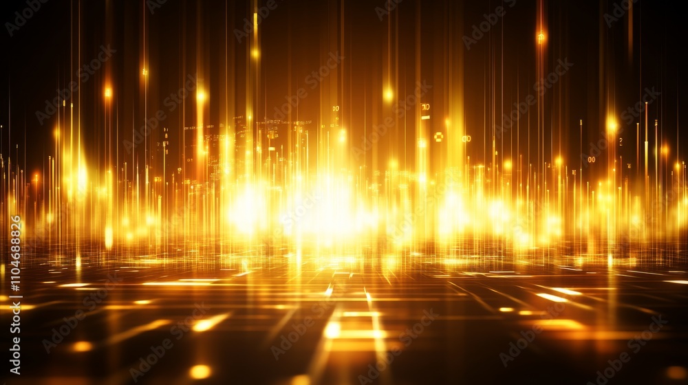 Poster abstract golden light rays with glowing particles in dark background