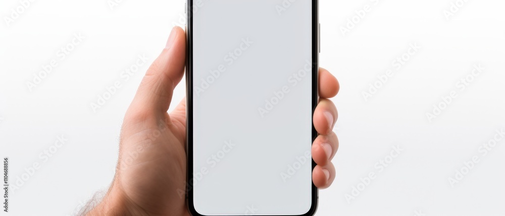 Poster hand holding a smartphone with a blank screen for customization