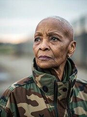 Obraz premium Elderly woman in camouflage jacket outdoors, expressing determination and wisdom