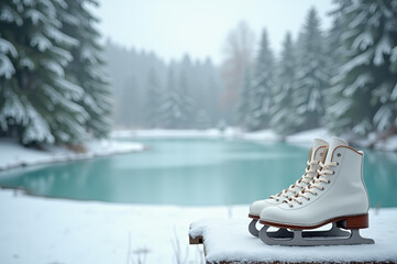 Winter ice skating scene by frozen lake with snow-covered trees