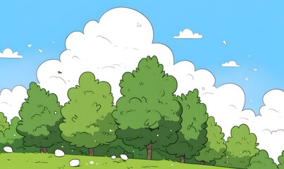 Obraz premium Colorful cartoon image wallpaper of many trees in the forest, blue sky and white clouds, Generative AI 