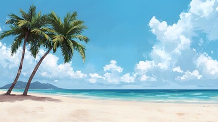 Breathtaking Tropical Paradise with Palm Trees, White Sand, and Tranquil Blue Ocean Waves Await. Scenic Beauty of Nature Concept
