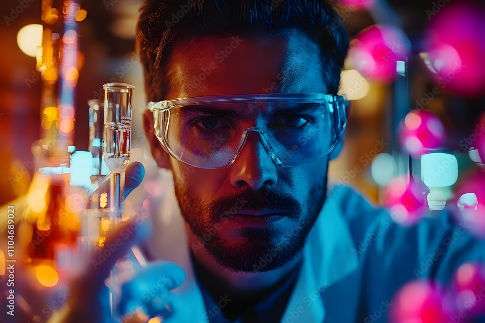 Poster a focused scientist in a lab, surrounded by colorful chemicals and glassware.