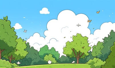 Colorful cartoon image wallpaper of many trees in the forest, blue sky and white clouds, Generative AI 