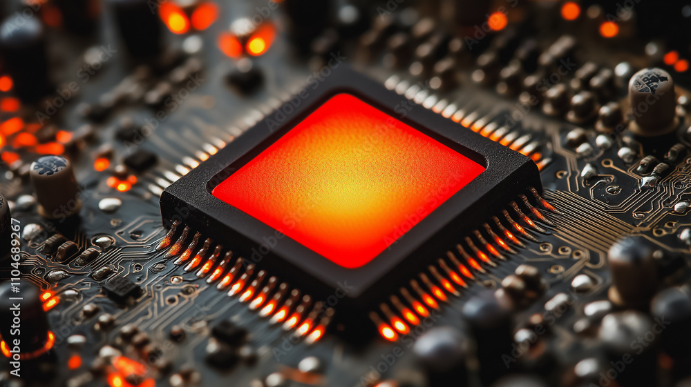 Poster a close up of a computer chip with a red glow. the chip is surrounded by a black frame