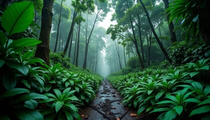 Narrow pathway in dense forest with misty atmosphere
