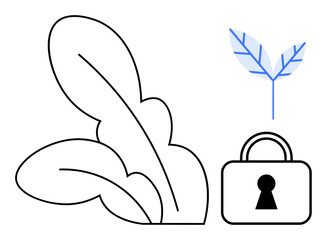 Simplistic design of green leaves and a padlock. Ideal for environmental security, sustainability, eco-friendly tech, organic farming, digital privacy, data protection, and green living. Line