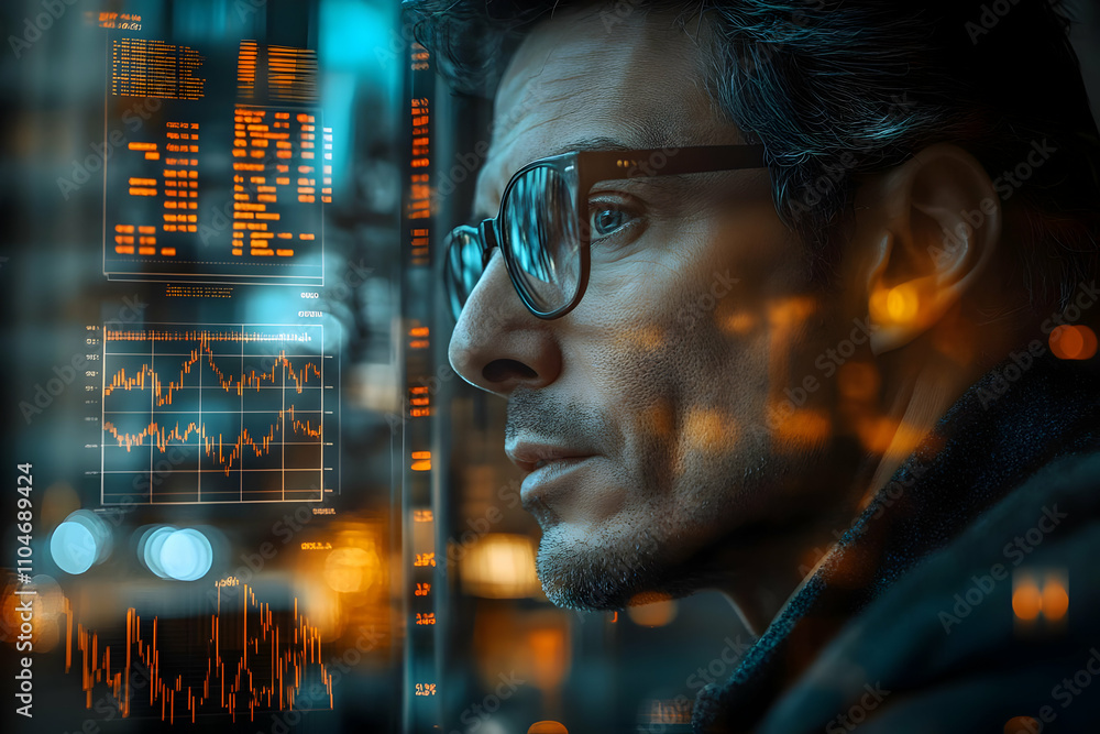 Poster A man gazing thoughtfully at digital data and graphs, reflecting on analytics and insights.