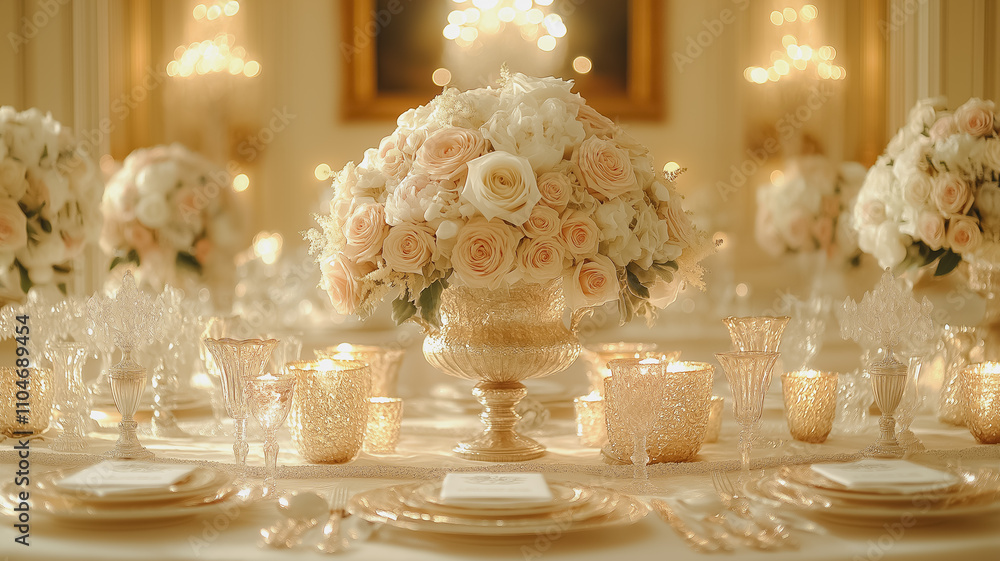 Poster a table is set with a beautiful floral centerpiece and a variety of silverware. the table is set for