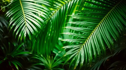 Lush Green Palm Fronds in a Tropical Setting, Perfect for Relaxation and Summer Designs