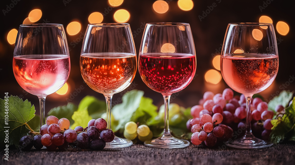 Poster four wine glasses filled with red wine are arranged on a table with grapes. the wine glasses are of 