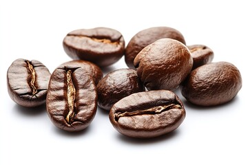 Naklejka premium Isolation of freshly roasted coffee beans on a white backdrop. Generative Ai