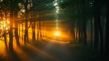 Golden sunbeams illuminate a misty path through a dense forest, creating a magical and serene atmosphere