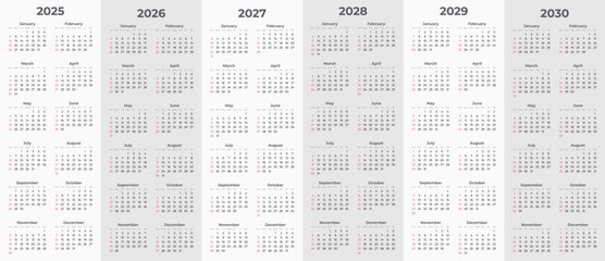 Minimalist Calendar Set for 2025 - 2030 Years. Week starts Sunday.
