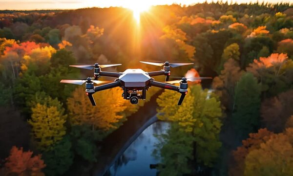 Drone Hovering Above a Vibrant Autumn Forest River
