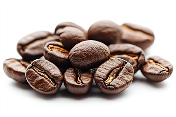 Obraz premium Isolation of freshly roasted coffee beans on a white backdrop. Generative Ai