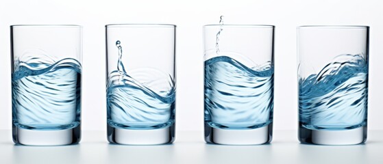 four glasses of water showing different levels and movement of liquid