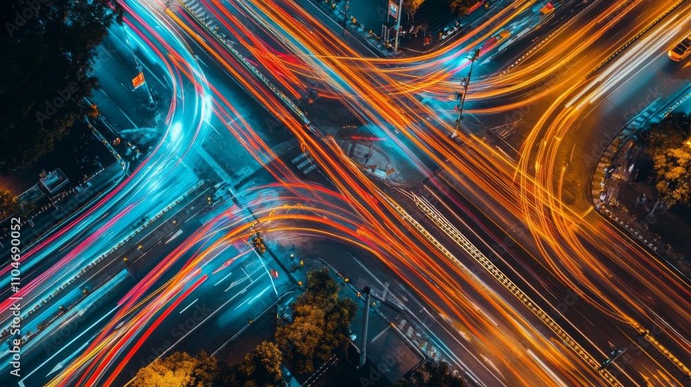 Poster dynamic nighttime traffic flow over city intersection aerial view