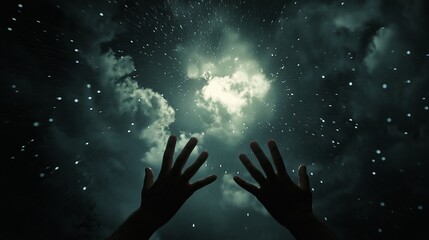 Hands reaching for divine light through the rain: a dramatic moment of hope and spirituality