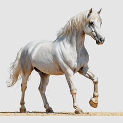 Fototapeta premium Majestic White Horse Standing Gracefully on Sand with Bright Background Showcasing Its Elegant Features and Exquisite Mane, Capturing Pure Beauty and Strength