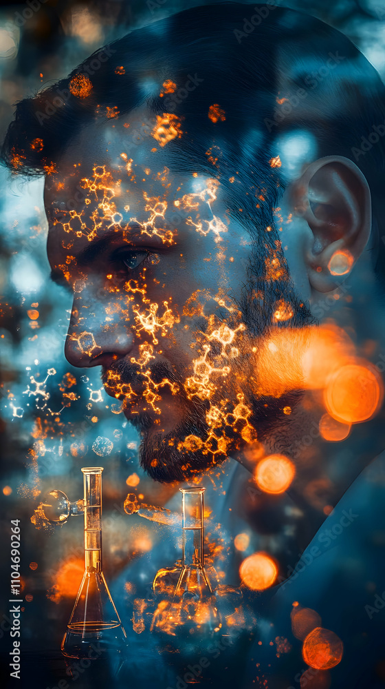 Poster a contemplative man surrounded by abstract chemical elements and glowing lights.