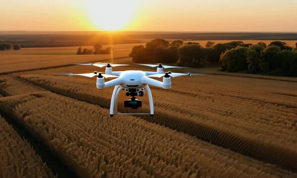 Drone Hovering Above Golden Wheat Field at Sunset