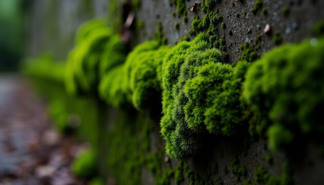 Close-up of a wall covered in green moss with sporangia and rhizoids