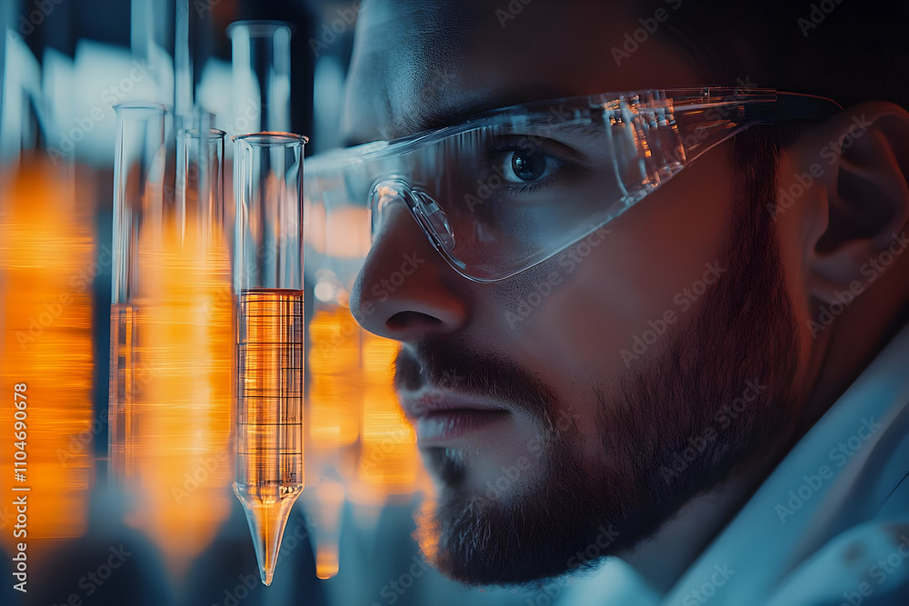 Poster a focused scientist examines test tubes in a laboratory setting.