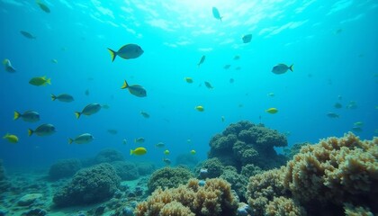 Fototapeta premium Underwater scene with vibrant reef and school of yellow fish in crystal blue water