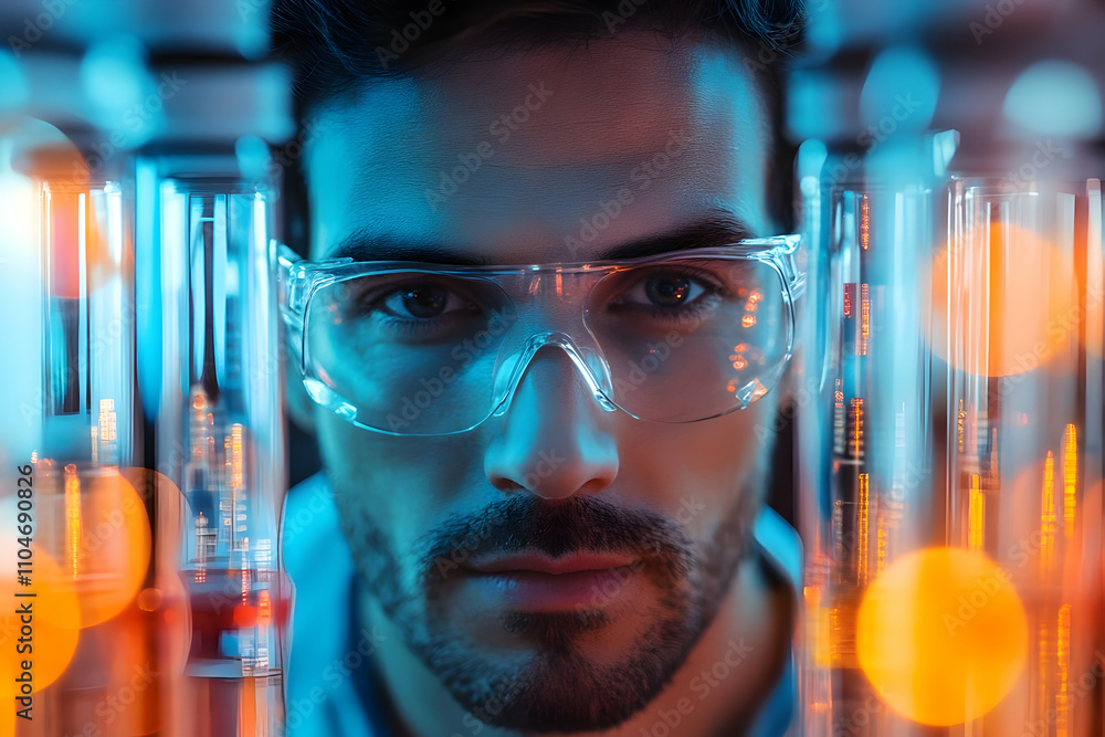 Aufkleber a focused scientist in protective eyewear surrounded by laboratory test tubes.