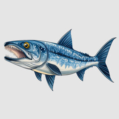Fototapeta premium Detailed Illustration of a Fearsome Fish with Sharp Teeth, exhibiting Vibrant Blue and Silver Scales, Perfect for Marine Life Enthusiasts and Educational Purposes