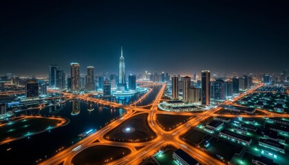 Naklejka premium Bright lights illuminate a bustling cityscape at night