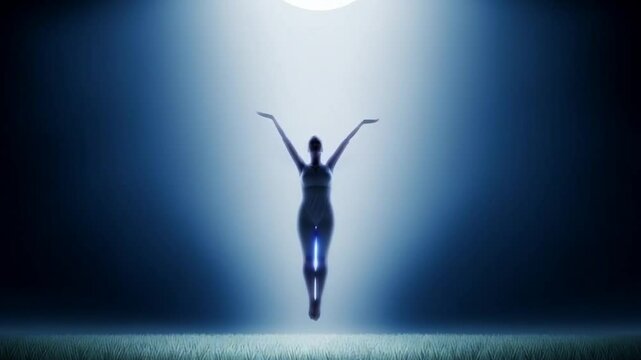 Ethereal dreamy video of a floating human in a field at night. Silhouette. 
