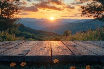 old wooden table mockup against sunset, mountains and trees background