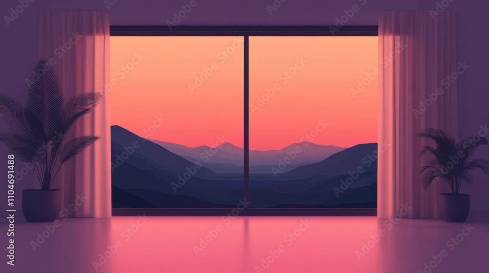 Poster scenic view through large window with curtains