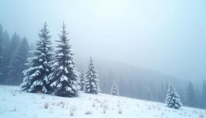 Fototapeta premium Snowy evergreens in foggy forest