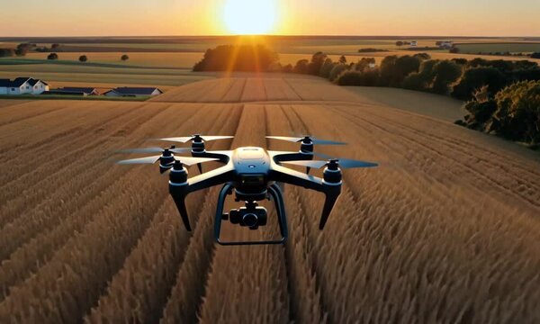 drone hovering over a golden wheat field during sunset