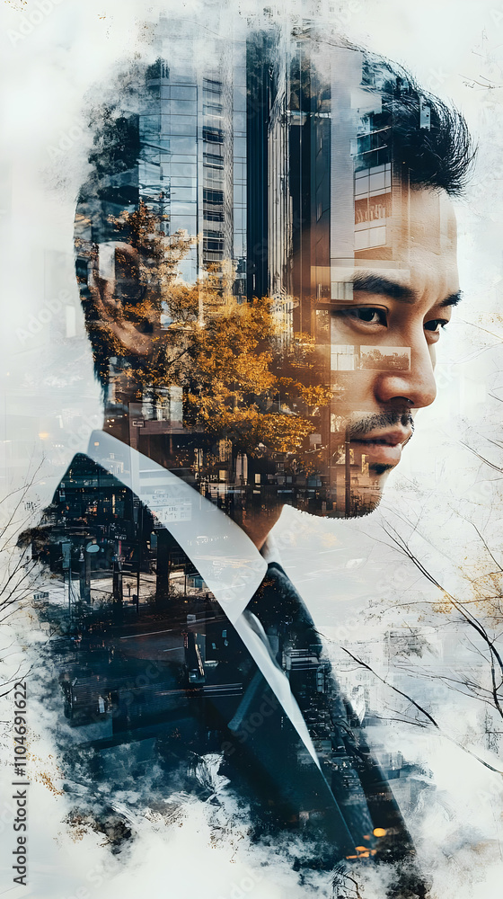 Poster a double exposure portrait of a man in a suit, blending urban scenery with nature elements.