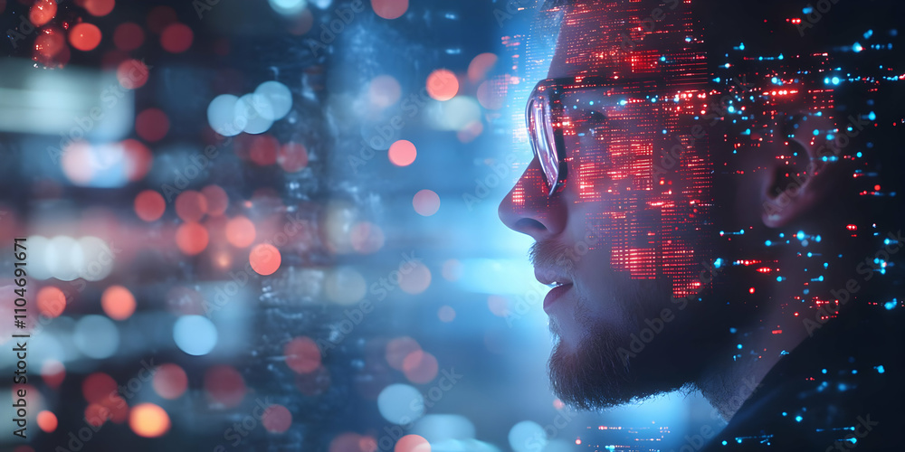Poster a profile of a person with digital effects and city lights, symbolizing technology and innovation.