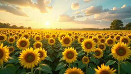 Fototapeta premium Yellow sunflowers in field at sunset