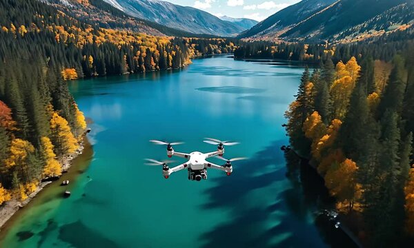 drone hovering over a serene mountain lake